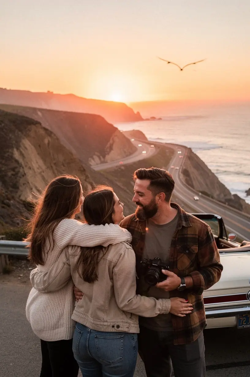 A charming small town main street with vintage storefronts, local diners, and parked cars, highlighting ideal food stops and overnight options for travelers on scenic road trips.